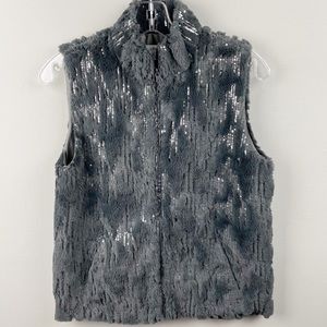 JOAN RIVERS Gray Furry Sequin Vest Front Pocket Size XS
